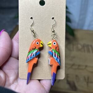 Handmade Vintage Wooden Parrot Earrings Tropical Bird Dangle